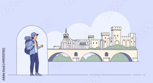 Traveler Views Ancient European Cityscape With Iconic Bridge