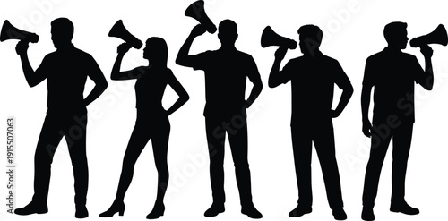 People holding megaphone silhouette set, male and female protesters announcing news, marketing promotion concept, public speech and communication vector illustration isolated on white background.