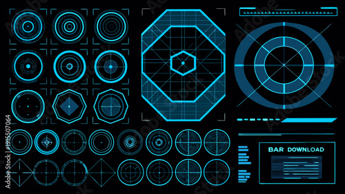 Futuristic user interface elements with targeting reticles and geometric shapes