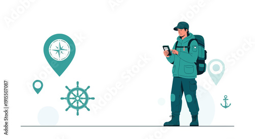 Traveler Using Mobile Device For Navigation With Nautical Icons