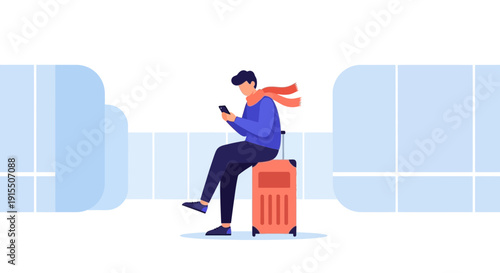 Traveler Waiting With Phone and Suitcase