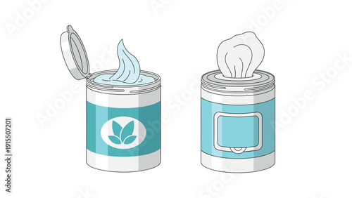 Vector illustration of two hygiene products including a container of moisturizing cream and a pack of wet wipes with a fresh leaf logo.