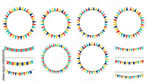 Collection of colorful bunting flag frames and borders in circular and linear arrangements for party, celebration, and festive event decorations.