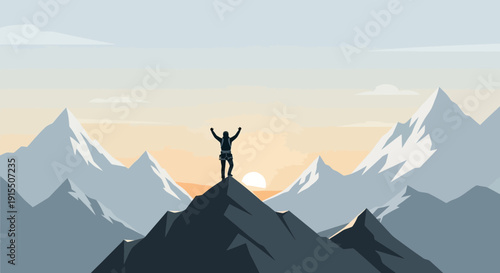 Triumphant Climber Silhouetted on Mountain Peak at Sunrise