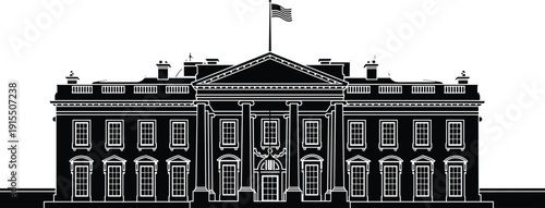 The White House Building Silhouette Vector Illustration, Washington DC Landmark and Presidential Residence for United States Government Politics History and Architectural Design,
