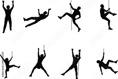 Silhouette set of rock climbers rappelling and climbing with rope. Extreme sport adventure people collection in black isolated on white background for outdoor design.