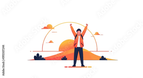 Triumphant Person Celebrating Peak Achievement At Sunrise Landscape Minimalist Illustration