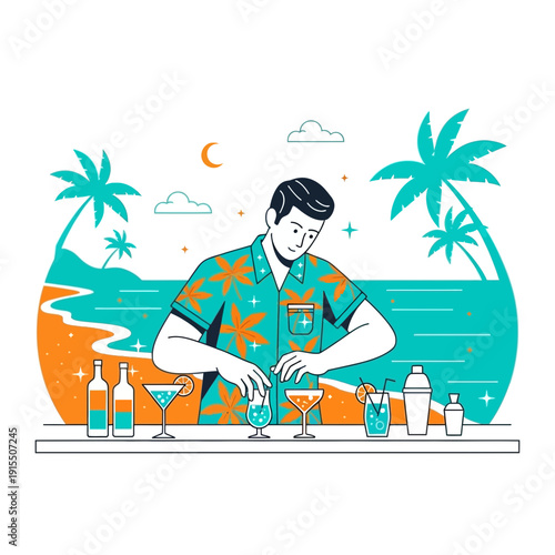 Tropical Bartender Crafting Refreshing Beach Cocktails With Palm Trees And Ocean View