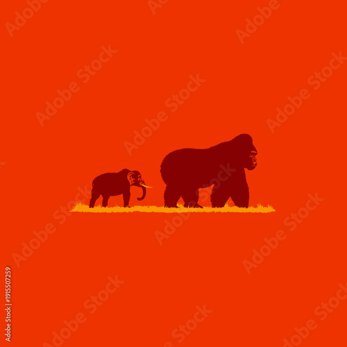 Minimalist illustration of an elephant and a gorilla walking together on dry grass, vibrant orange sunset background, wildlife.