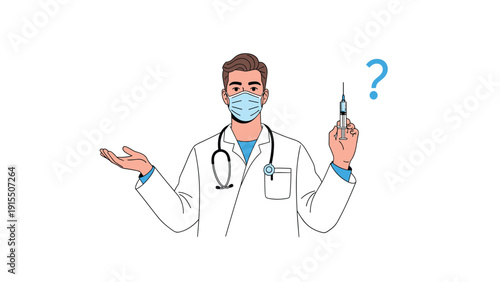 Male doctor in a white coat and mask holding a syringe next to a blue question mark, suggesting medical consultation or vaccination inquiry.