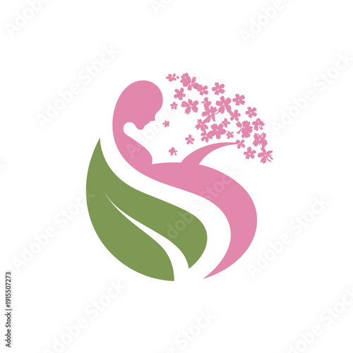Stylized pregnant woman cradled by a green leaf with flowing pink flowers, symbolizing maternity, nature, health, and feminine wellness.