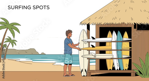 Tropical Beach Surf Spot With Surfboards Lined Up Ready For Action