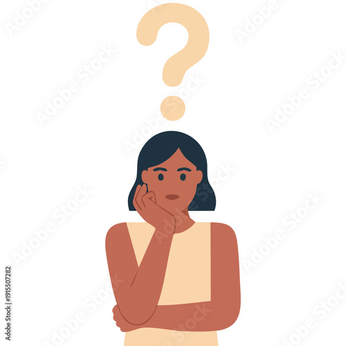 Young Girl with Doubtful Expression Surrounded by Large Question Marks Flat Vector