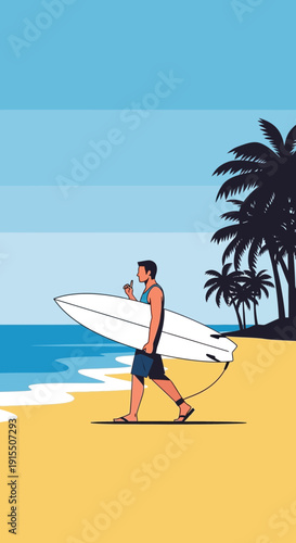 Tropical Beach Surfer Carrying Board Enjoying Refreshing Drink Under Palm Trees