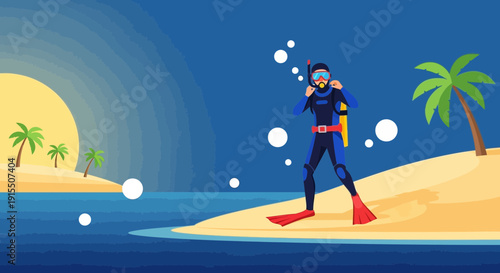 Tropical Island Diver Ready For Ocean Adventure At Sunset