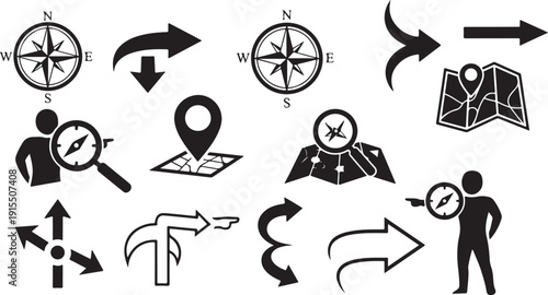 Navigation symbols and directional icons for travel and adventure