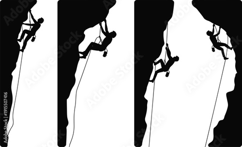 Silhouette set of rock climbers rappelling on cliff with rope and harness. Extreme outdoor adventure sport illustration isolated on white background for climbing design.