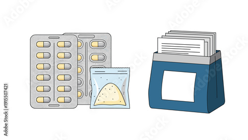 Selection of medical supplies including pharmaceutical blister packs with capsules, a packet of powder medicine, and a blue hospital drug bag.