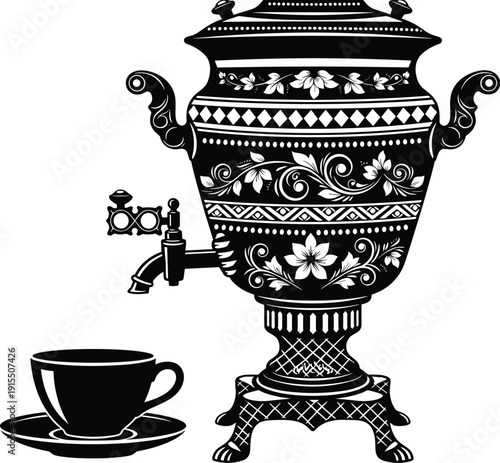 Traditional Russian Samovar Vector Illustration with Ornamental Details and Tea Cup for Cultural Heritage Kitchen Decor and Hot Beverage Designs
