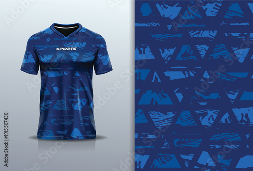T-shirt mockup abstract texture grunge sport jersey design for football, soccer, racing, esports, running, blue color