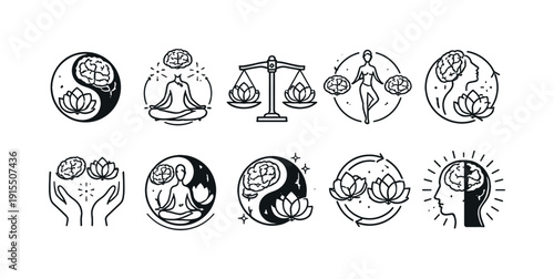 Mindfulness and meditation outline icon set. Yoga, balance, zen icons collection.