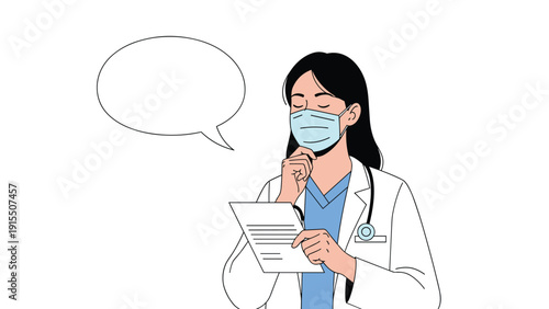 Professional female doctor wearing a mask and stethoscope while reviewing a medical report with a blank speech bubble for custom text insertion.