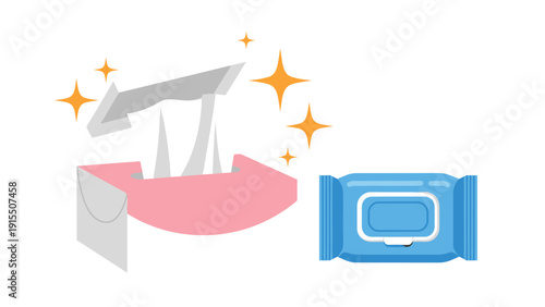 Cleaning and hygiene products including a soft tissue box and a pack of disinfectant wet wipes accompanied by golden sparkle icons.