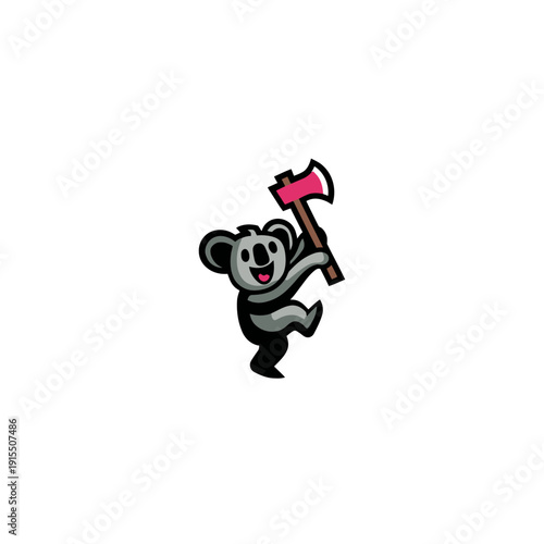 Happy cartoon koala mascot character holding an axe, isolated vector illustration for nature, forest, and lumberjack themes.