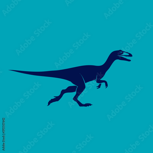 Dynamic running raptor dinosaur silhouette on a vibrant blue background. Prehistoric creature vector illustration.