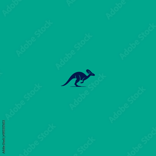 Dynamic blue silhouette of a tree kangaroo running against a vibrant teal background. Minimalist graphic illustration.