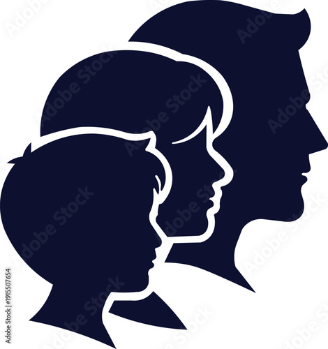 Family Silhouette Profile – Mother, Father, and Child Heads in Simple Line Art Design for Family-Based Projects, Logo, and Branding