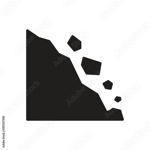 Minimalist black landslide icon depicting falling rocks from a steep slope for safety warning signs
