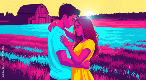 Retrowave illustration of young couple embracing in neon rural field
