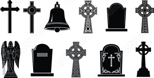Christian Cross and Gravestone Silhouette Set Featuring Cemetery Monuments Angel Statue Church Bell Religious Vector Illustration Collection