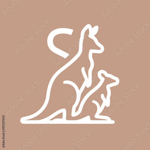 Abstract line art illustration of a mother kangaroo with her baby joey on a muted brown background, simple graphic animal icon design.
