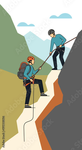 Two Adventurous Hikers Ascend a Rugged Mountain Trail With Ropes