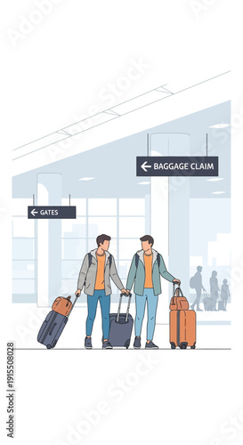 Two Friends Arriving At The Airport Ready For Their Journey