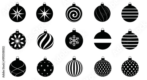 Black and white christmas ornaments set with various patterns on a plain background