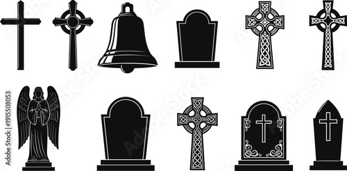 Christian Cross and Tombstone Silhouette Collection Featuring Gravestones Angel Statue Church Bell Religious Vector Illustration Set