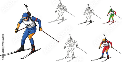 Biathlon athletes ski with rifles strapped to their backs, some in color