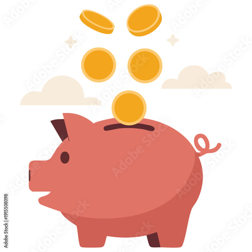 Pink Piggy Bank with Gold Coins for Savings and Investment Concept Simple Line Art