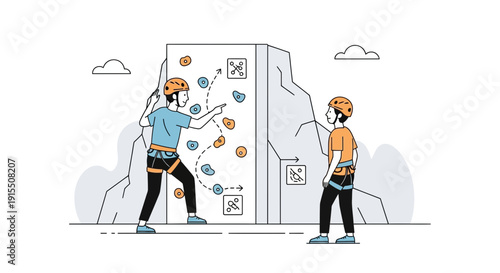 Two People Rock Climbing Training On Indoor Wall With Safety Gear