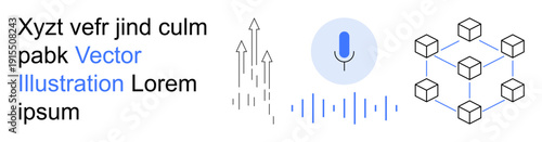 Voice recognition, blockchain, data science, communication, AI systems, innovation. Microphone icon, sound waves node network and connection lines. Voice recognition and blockchain applications