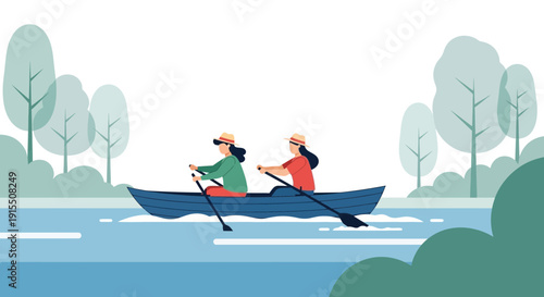Two Women Row Boating On A Serene Lake With Lush Greenery In The Background