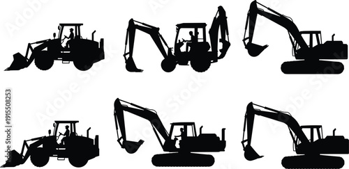 Set of construction equipment silhouettes with wheel loader, backhoe loader and crawler excavators in different working positions, isolated on white background for industrial projects.