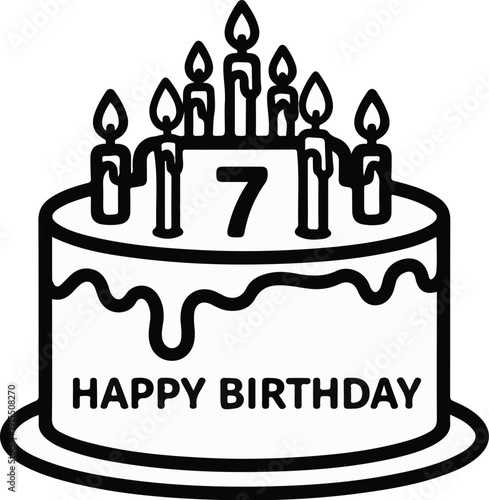 Birthday cake with candles, number 7, and "Happy Birthday" text