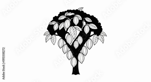 Black and white illustration of a dense cacao tree laden with pods and leaves