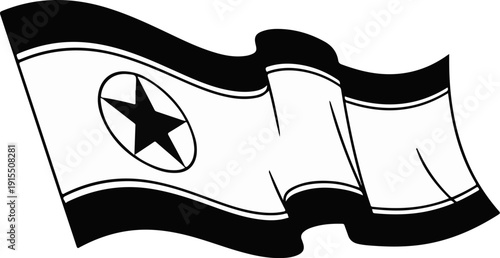 Black and white illustration of a wavy flag with a star in a circle