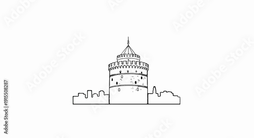 Black and white line art of a circular tower with crenellations and a pointed roof