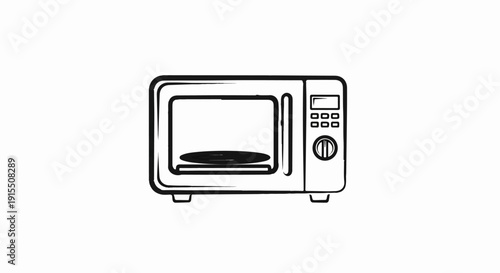 Black and white line drawing of a microwave oven with a digital display and dial